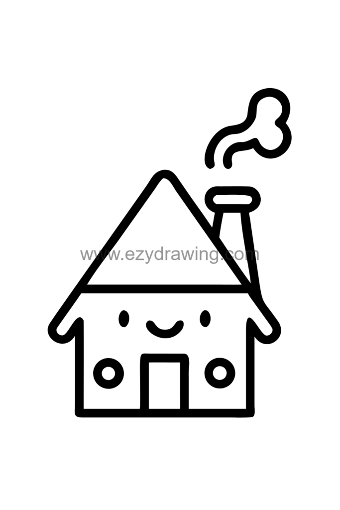 13+ Creative Building Drawing Ideas Easy for Little Artists 2 Cute kawaii house drawing with a triangular roof, two windows with flower boxes, a front door, and a chimney with smoke, black and white line art.