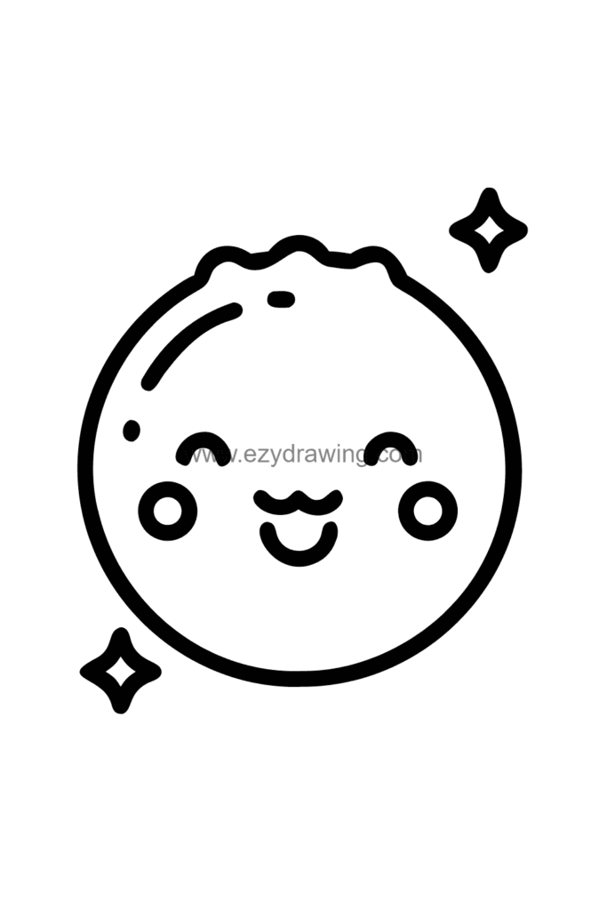 Cute kawaii smiley face drawing with big round sparkling eyes, rosy cheeks, and a wide happy smile on a round face, black and white line art.