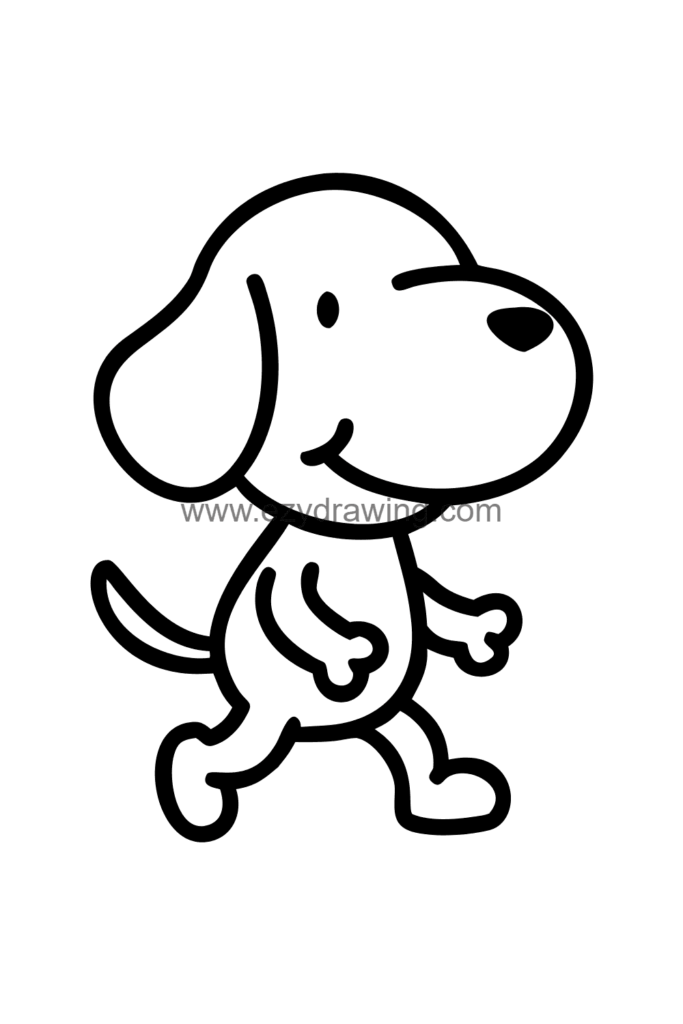 Cute Snoopy drawing of the classic white beagle walking forward with a happy smile and his iconic black ears bouncing, black and white line art.