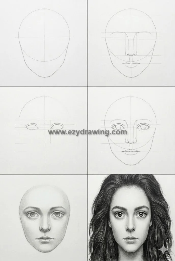 Six step face drawing guide from head outline to shaded realistic portrait with hair