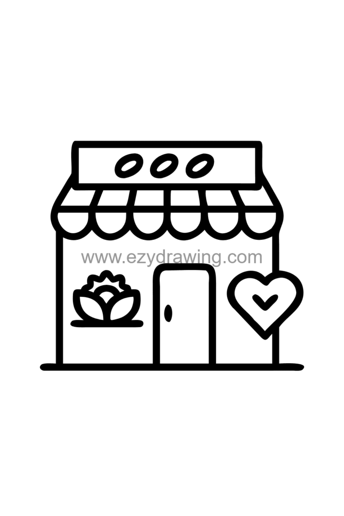 13+ Creative Building Drawing Ideas Easy for Little Artists 4 Cute kawaii bakery building drawing with a striped awning, a display window full of pastries, a hanging sign, and flower pots beside the door, black and white line art.