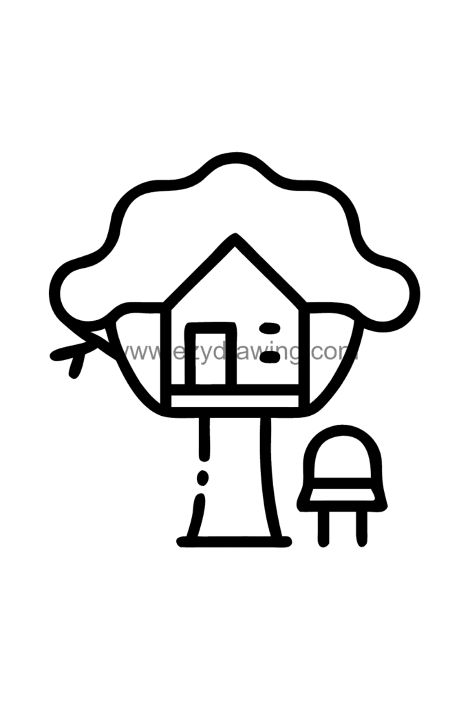 13+ Creative Building Drawing Ideas Easy for Little Artists 8 Cute kawaii treehouse drawing nestled in the branches of a large oak tree with a rope ladder, small windows with curtains, and a balcony with a flower pot, black and white line art.