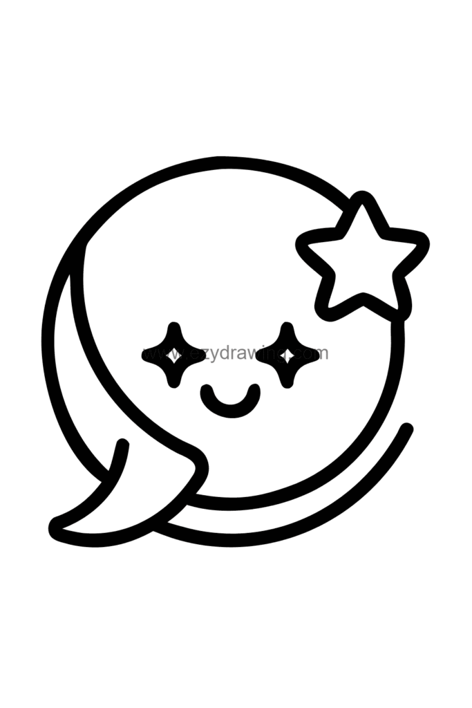 Cute kawaii face drawing where the smile is shaped like a wide crescent moon curve with star-shaped eyes and soft glowing cheeks, black and white line art.