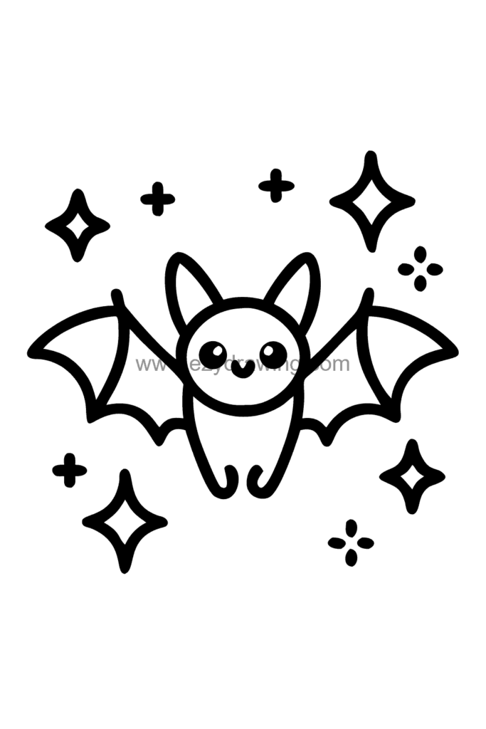 Cute kawaii bat drawing with wide wings filled with galaxy and star patterns, big dreamy eyes, and a crescent moon above its head, black and white line art.