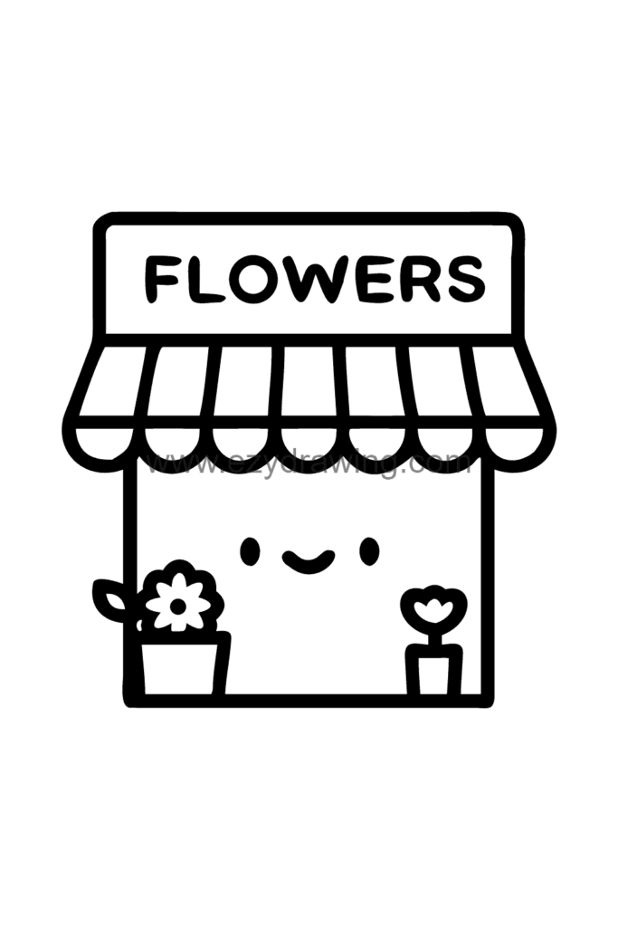 13+ Creative Building Drawing Ideas Easy for Little Artists 12 Cute kawaii flower shop drawing with buckets of flowers displayed outside, a colourful striped awning, a decorative sign, and vines growing up the front wall, black and white line art.