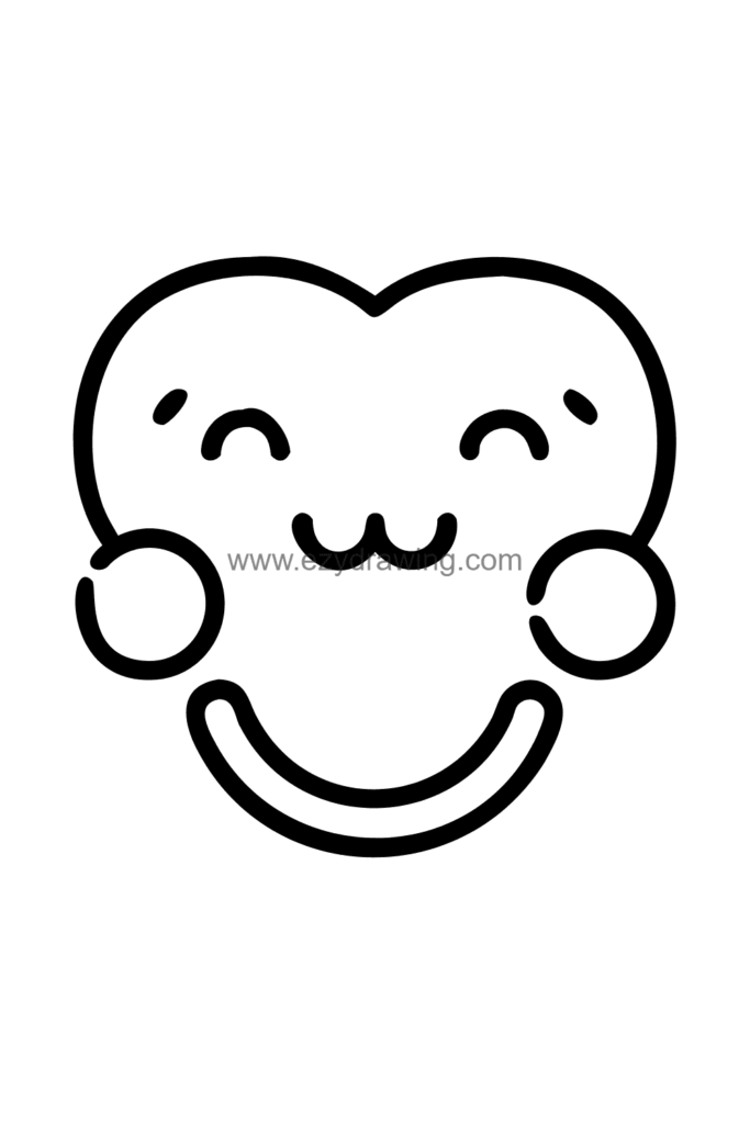  Cute kawaii close-up drawing of a mouth with a wide smile showing two small dimples, slightly parted lips, and rosy cheeks on each side, black and white line art.
