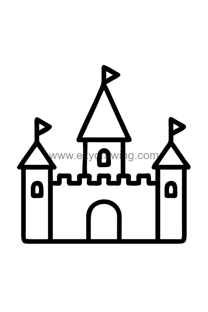 13+ Creative Building Drawing Ideas Easy for Little Artists 5 Cute kawaii fairy tale castle drawing with tall turrets, pointed tower roofs, a drawbridge, and flags flying from each tower top, black and white line art.