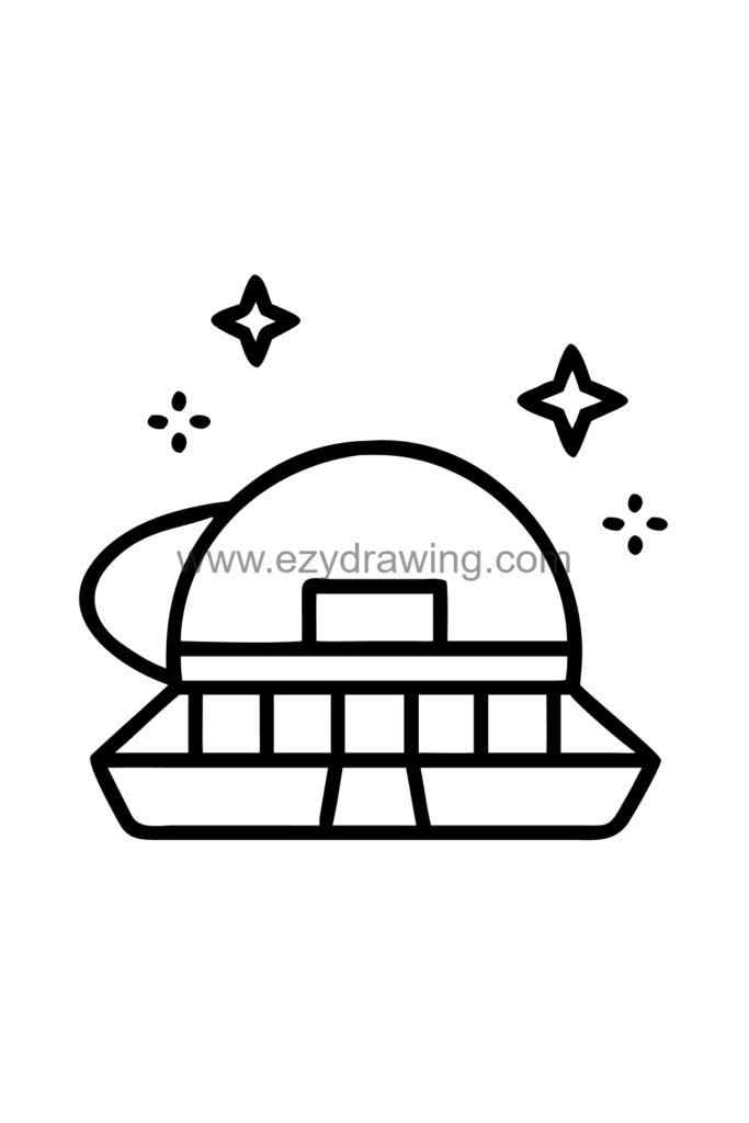 13+ Creative Building Drawing Ideas Easy for Little Artists 14 Cute kawaii futuristic building drawing with a large glass dome on top, glowing windows, solar panels on the roof, and a landing pad for flying vehicles, black and white line art.