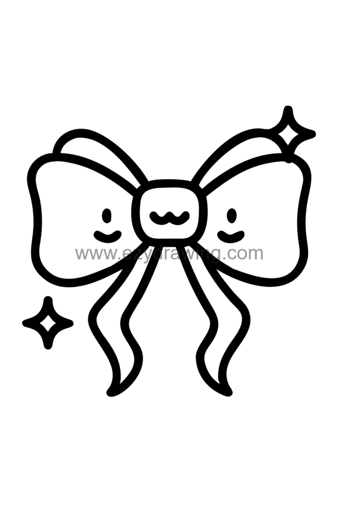 Cute kawaii hair ribbon drawing of a large bow tied at the base of a pigtail with two loops and neat ribbon tails, black and white line art.