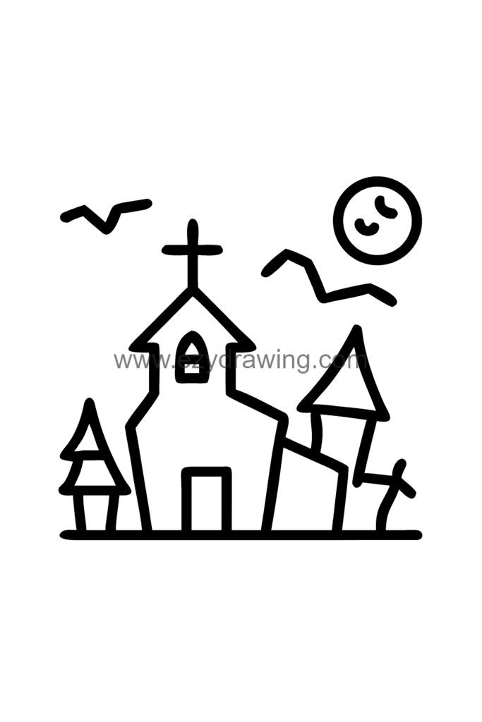 13+ Creative Building Drawing Ideas Easy for Little Artists 11 Cute kawaii haunted mansion drawing with crooked towers, glowing windows, bats flying around, and a spooky iron gate at the entrance, black and white line art.