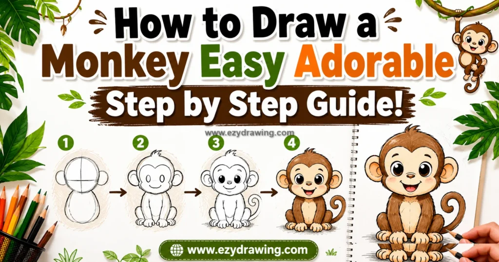 how to draw a monkey Pinterest guide with bold title, four sketch steps, cute final monkey, jungle leaves, pencils, and website