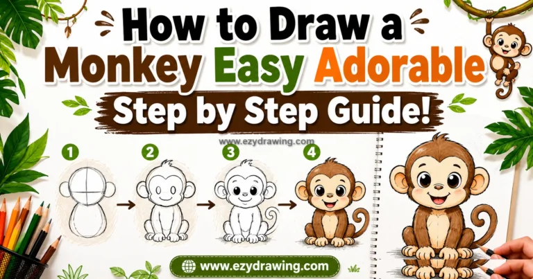 how to draw a monkey Pinterest guide with bold title, four sketch steps, cute final monkey, jungle leaves, pencils, and website