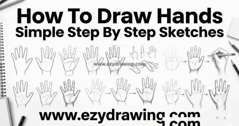 How to draw hands step by step pencil sketch with palm, finger outlines, arrows, and shading practice.