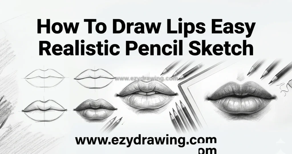 How To Draw Lips realistic pencil sketch guide with lip outlines, shading steps, drawing pencils, and final art.