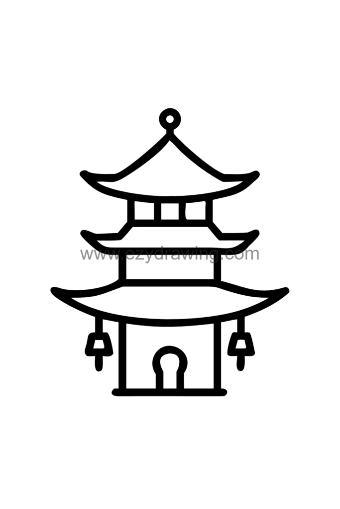 13+ Creative Building Drawing Ideas Easy for Little Artists 6 Cute kawaii Japanese pagoda drawing with three tiered roofs curving upward at the corners, a stone path leading to the entrance, and cherry blossom trees beside it, black and white line art.