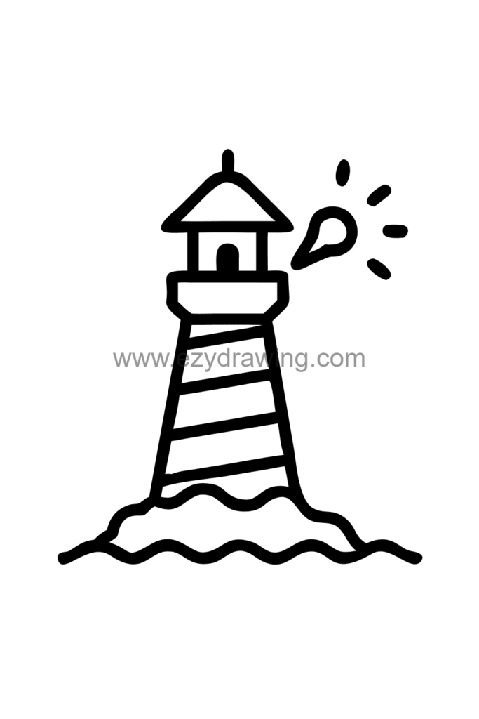 13+ Creative Building Drawing Ideas Easy for Little Artists 7 Cute kawaii lighthouse drawing standing on a rocky cliff with bold stripes, a glowing light beam sweeping outward, and crashing waves below, black and white line art.