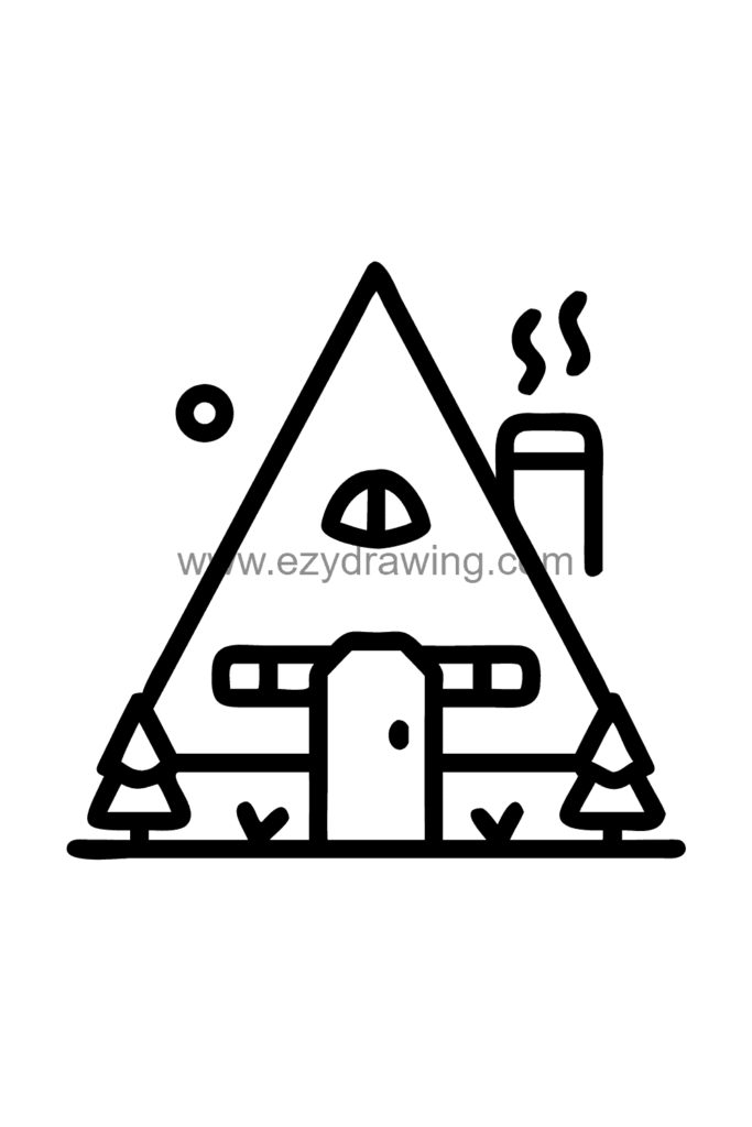 13+ Creative Building Drawing Ideas Easy for Little Artists 13 Cute kawaii mountain cabin drawing with a snow-covered triangular roof, glowing windows, tall pine trees around it, and smoke rising from the chimney, black and white line art.