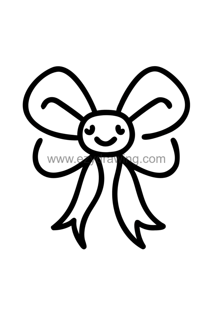 Cute kawaii drawing of multiple ribbons in rainbow colours cascading downward in flowing wavy lines from a single bow at the top, black and white line art.