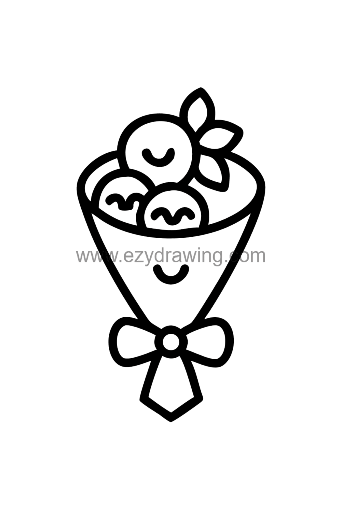 Cute kawaii drawing of a flower bouquet wrapped in paper tied at the base with a wide ribbon bow, leaves and roses visible above the wrap, black and white line art.