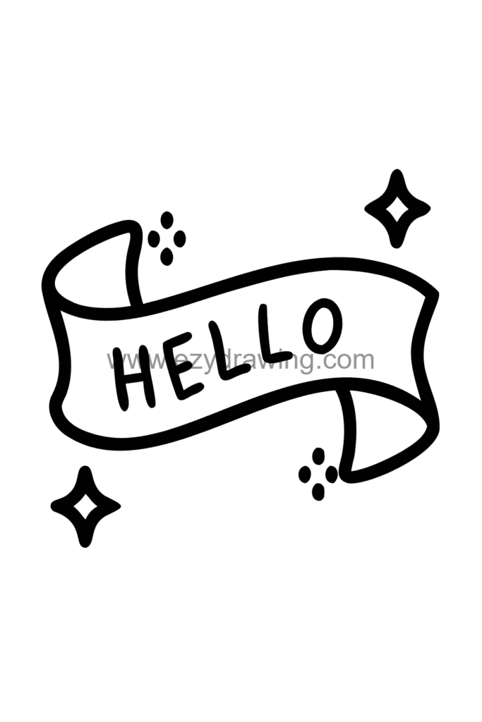  Cute kawaii drawing of a curved ribbon banner with the word HELLO written across it in bold letters and decorative curling tails on each end, black and white line art.