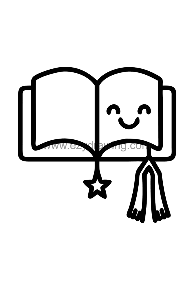  Cute kawaii drawing of an open book with a long ribbon bookmark hanging down from between the pages with a tassel at the end, black and white line art.