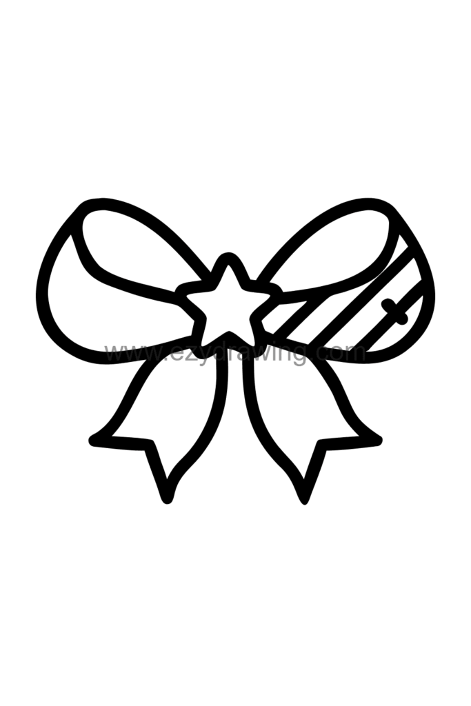 Cute kawaii doodle page drawing showing many different ribbon and bow styles of various sizes and patterns arranged across the page, black and white line art.