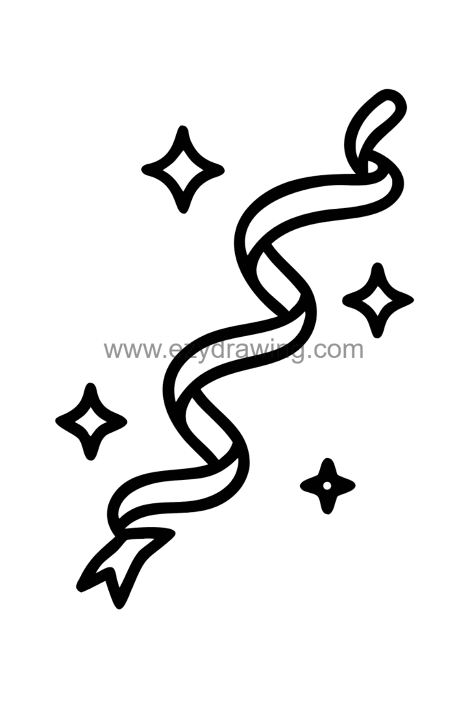 Cute kawaii drawing of a single ribbon coiling and spiralling across the page in flowing loops and curls with sparkles along its length, black and white line art.