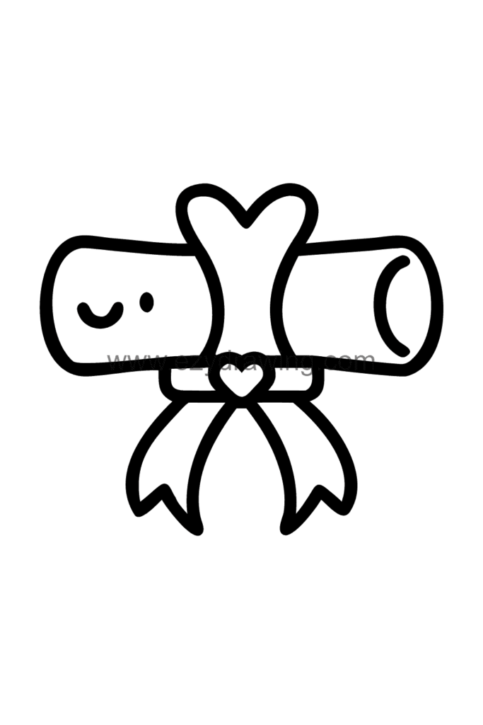 Cute kawaii drawing of a rolled-up letter scroll tied with a ribbon bow in the centre, sealed with a heart wax seal, black and white line art.