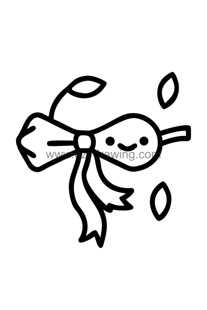 Cute kawaii drawing of a wide ribbon tied around a tree branch with a large bow and two long flowing tails drifting in the breeze, black and white line art.