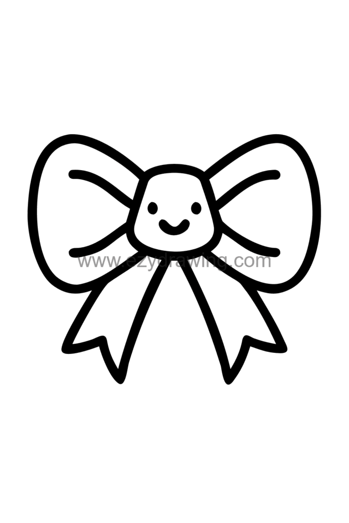 ALT TEXT: Cute kawaii sailor bow ribbon drawing with two wide flat loops, a small knot in the centre, and straight ribbon tails, black and white line art.