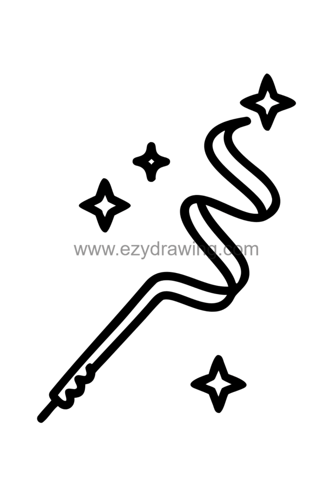 Cute kawaii drawing of a long ribbon spiralling elegantly around a thin magic wand with a star tip, both ribbon ends trailing freely, black and white line art.