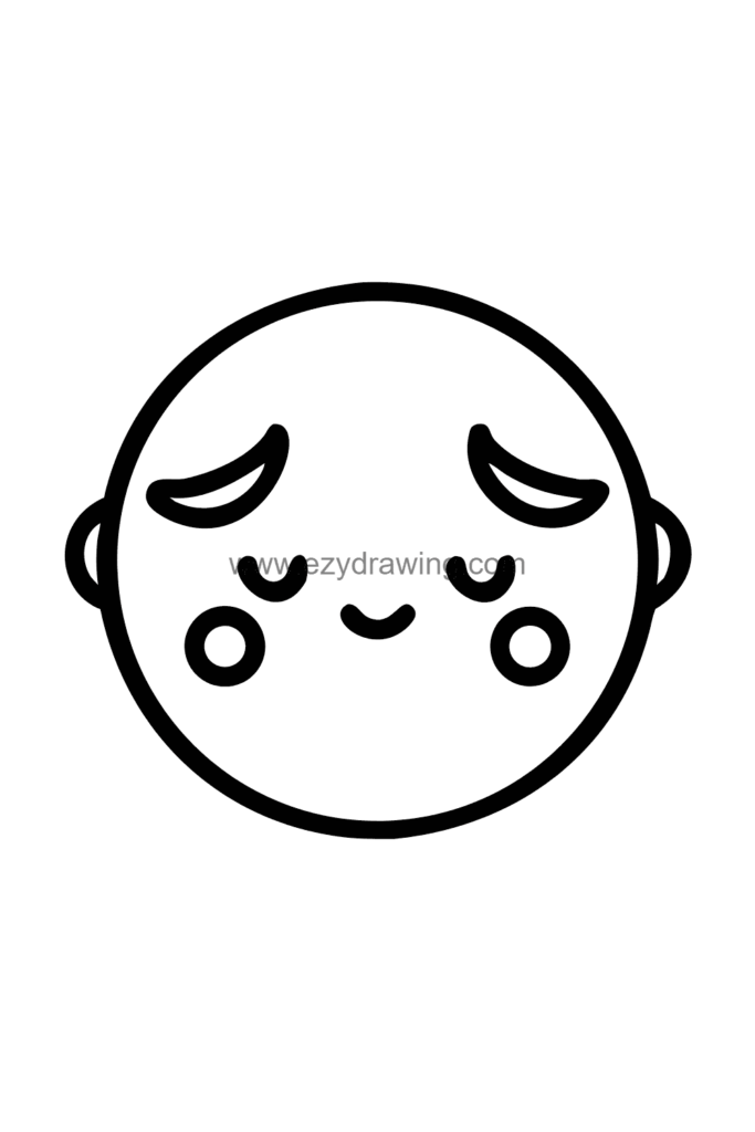 Cute kawaii face drawing with downcast eyes, hands raised to the cheeks, and a small bashful smile with big rosy blushes, black and white line art.