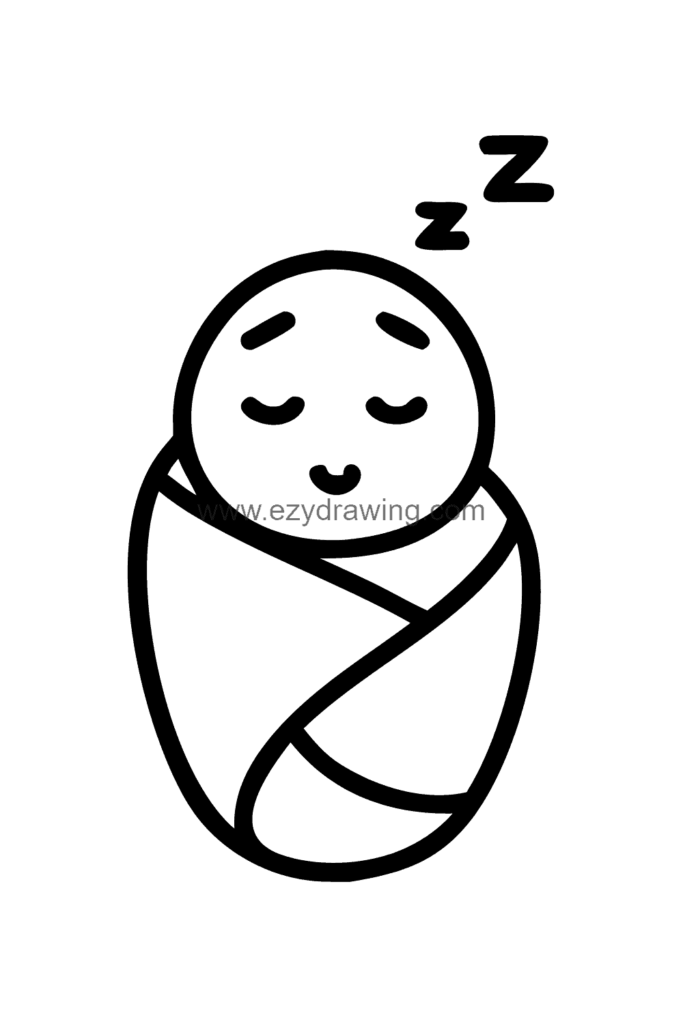 Cute kawaii baby drawing of a peacefully sleeping baby wrapped snugly in a soft blanket with a small smile and tiny fists, black and white line art.