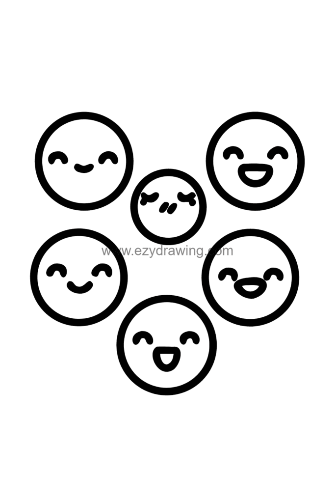  Cute kawaii expression sheet drawing showing nine different smile types on small round faces arranged in a grid — happy, shy, surprised, grinning, laughing, winking, and more, black and white line art.