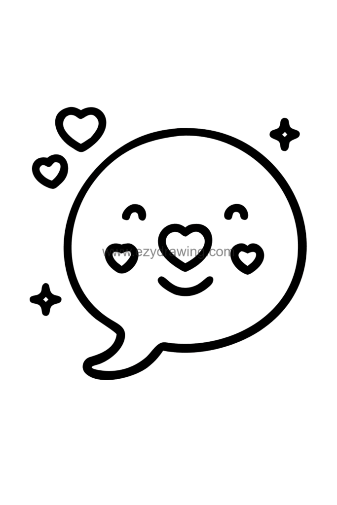 Cute kawaii speech bubble drawing with a large smiley face inside the bubble and a small tail pointing downward, surrounded by hearts and stars, black and white line art.