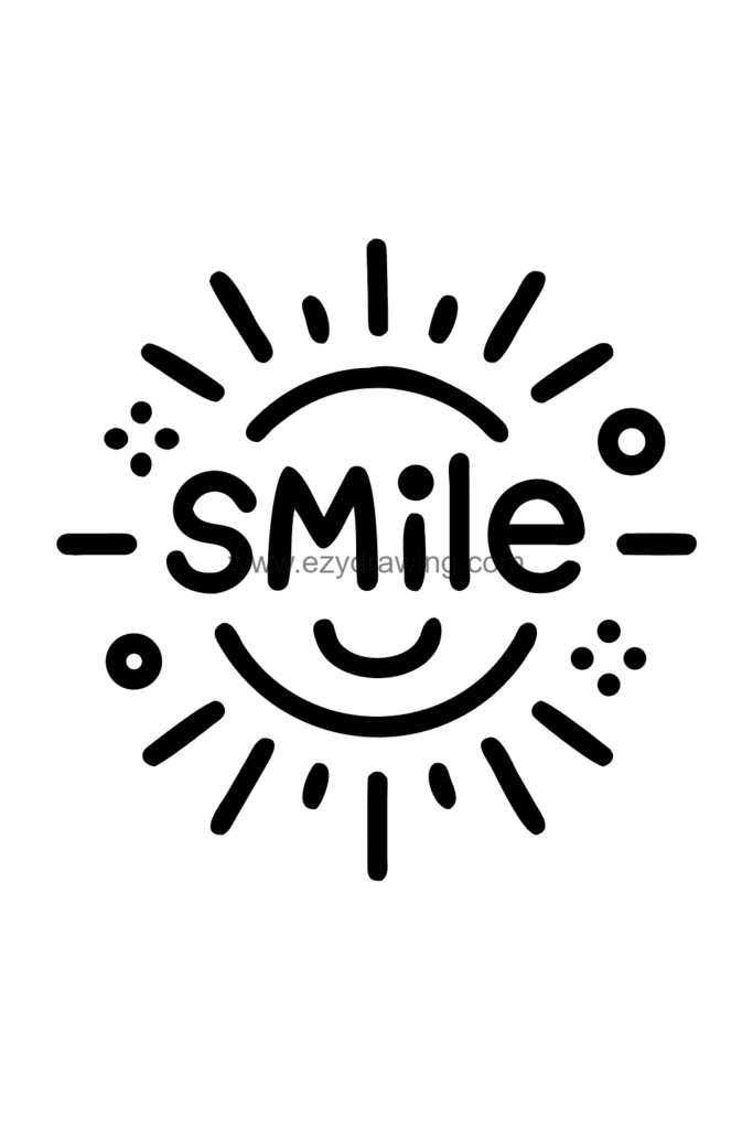 Cute kawaii poster-style drawing with the word SMILE in large bubble letters surrounded by a sunshine burst, flowers, and small happy faces, black and white line art.