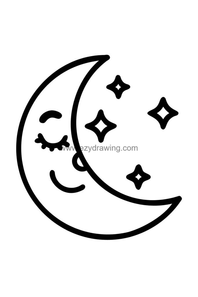 Cute kawaii crescent moon drawing with a gentle side profile smile, long lashes, and stars scattered around the peaceful nighttime scene, black and white line art.