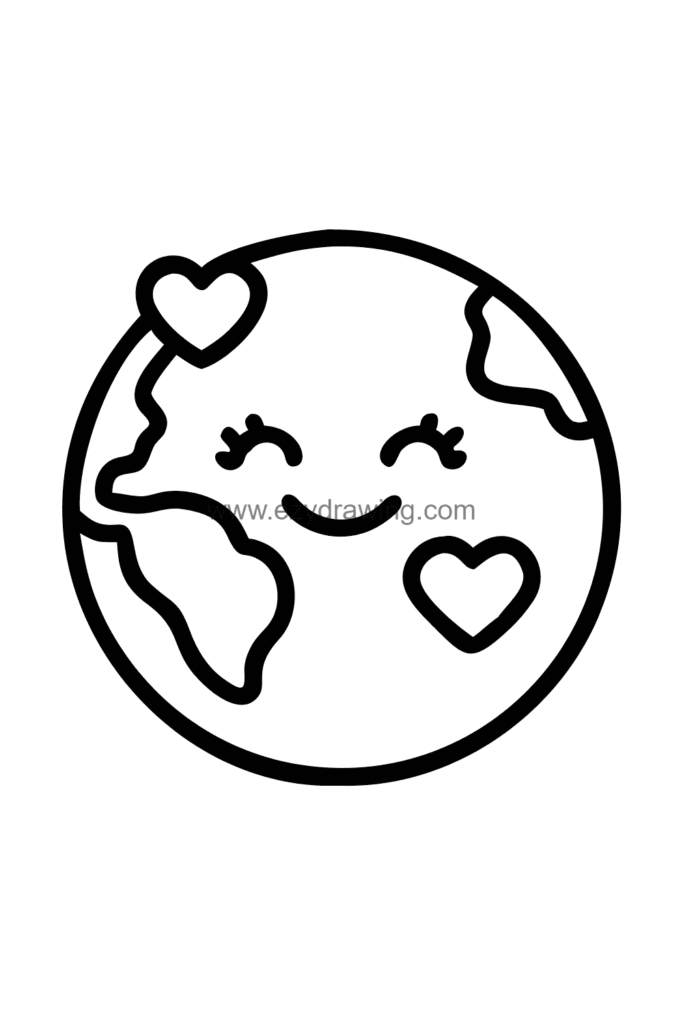  Cute kawaii Earth drawing showing a round globe with simplified continent shapes and a big happy smile on the ocean surface, black and white line art.