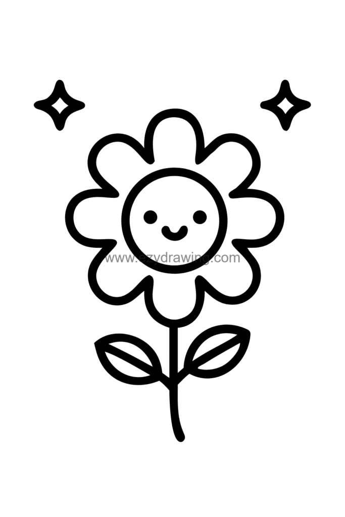 ALT TEXT: Cute kawaii flower drawing with a round centre face showing a big happy smile, big petal eyes, and rosy cheeks surrounded by wide open petals, black and white line art.
