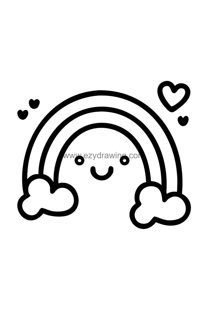 Cute kawaii rainbow drawing with a large bold arc, a smiling face on the rainbow centre band, and fluffy happy clouds on each end, black and white line art.