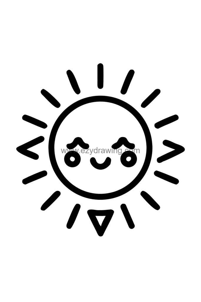  Cute kawaii sun face drawing with bold triangular rays spreading outward, big sparkling eyes, rosy cheeks, and a wide warm smile, black and white line art.