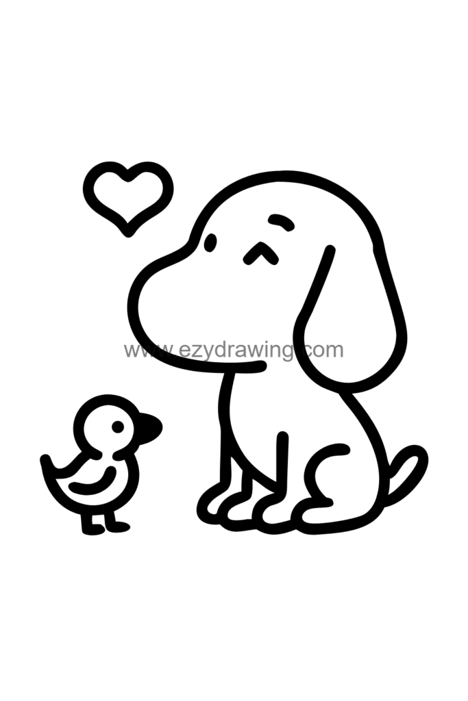  Cute Snoopy drawing of Snoopy sitting beside his tiny yellow bird friend Woodstock, both smiling at each other with hearts between them, black and white line art.