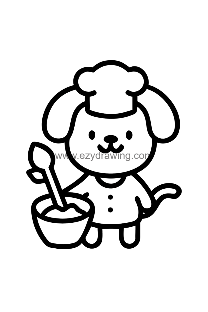 ALT TEXT: Cute Snoopy drawing of Snoopy wearing a tall chef's hat and apron holding a wooden spoon and a mixing bowl, black and white line art.