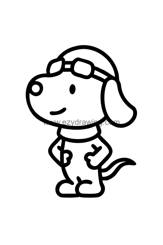  Cute Snoopy drawing dressed as a World War One flying ace with a pilot helmet, goggles, and a flowing scarf, black and white line art.