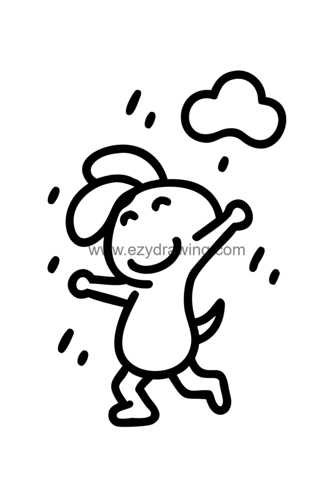 ALT TEXT: Cute Snoopy drawing of Snoopy mid-happy dance in the rain with raindrops falling around him and a huge open smile, black and white line art.