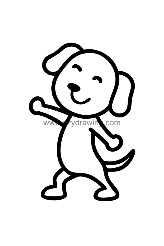 Cute Snoopy drawing of Snoopy mid-happy dance with arms raised, eyes closed in joy, and one leg kicked up high, black and white line art.