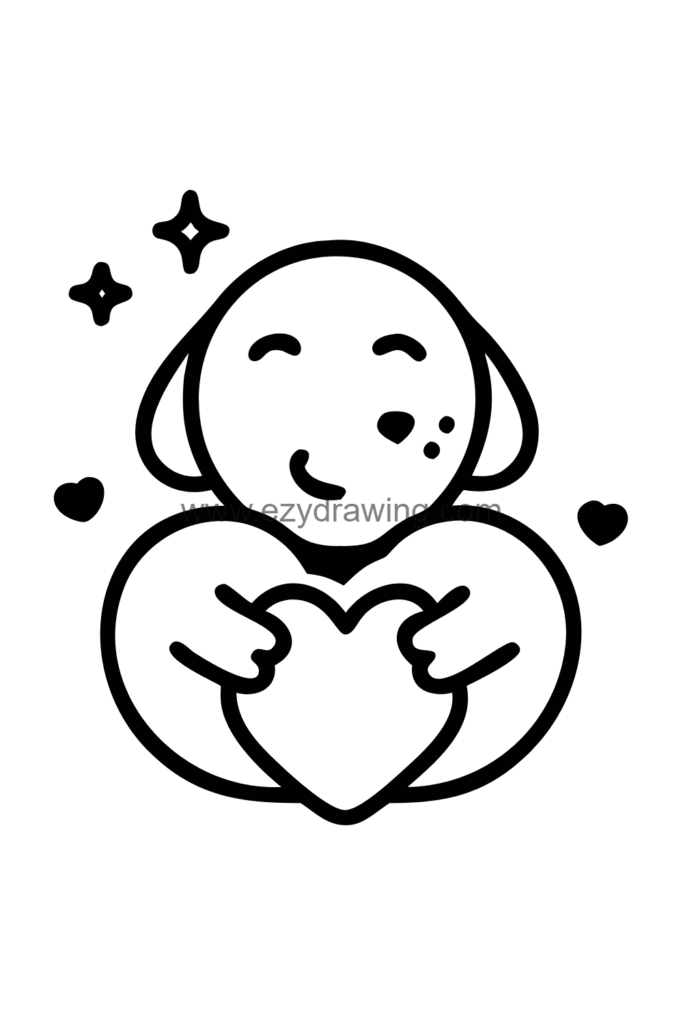 Cute Snoopy drawing of Snoopy sitting and hugging a large heart with both arms pressed to his chest, eyes closed in happiness, black and white line art.
