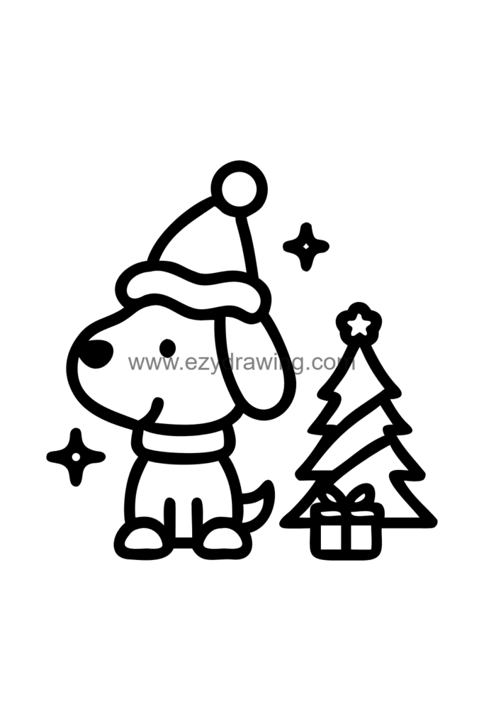  Cute Snoopy drawing of Snoopy wearing a Santa hat and scarf standing beside a small decorated Christmas tree with gifts below, black and white line art.