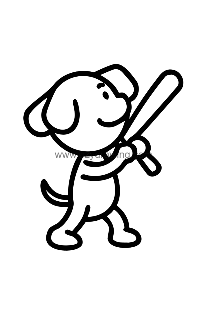 Cute Snoopy drawing of Snoopy mid-swing with a baseball bat wearing a baseball cap, black and white line art.