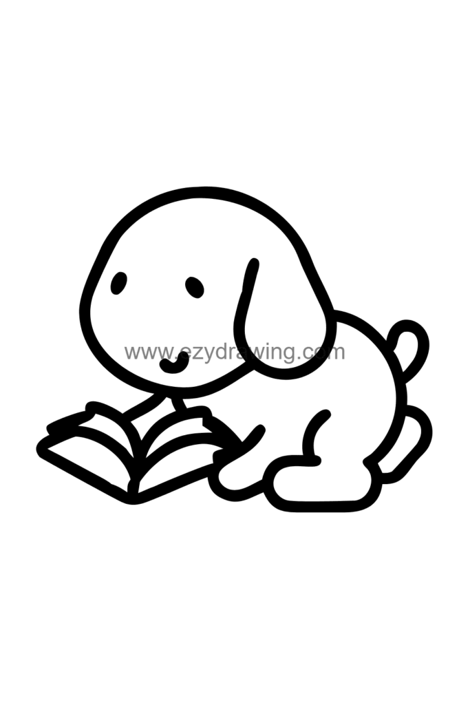 Cute Snoopy drawing of Snoopy lying on his stomach reading a small open book with focused eyes and a content smile, black and white line art.